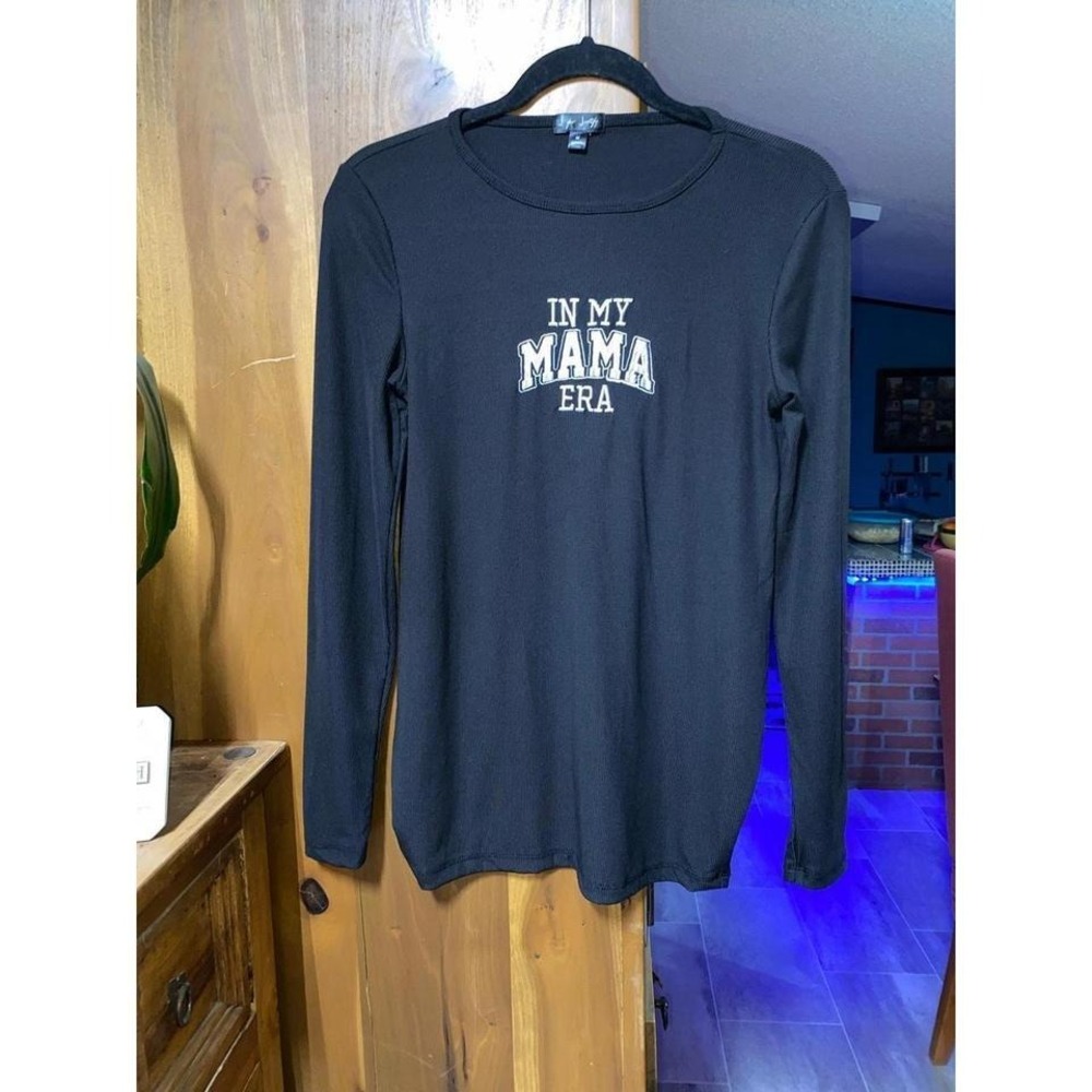 In My Mama Era Long Sleeve Black ribbed Shirt Sz M Maternity by J is for Justify
